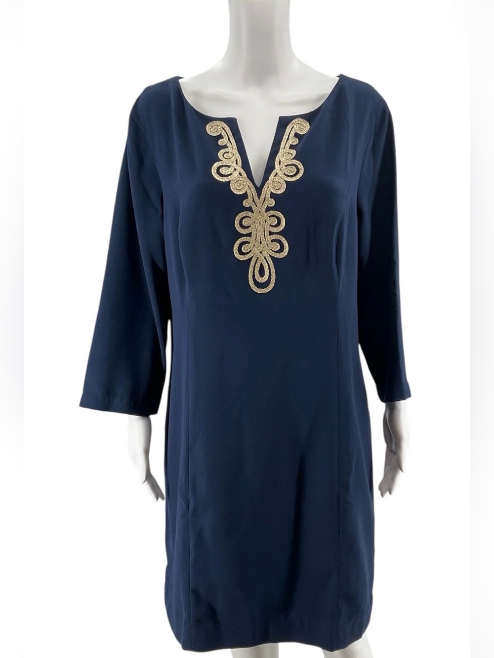 NWT SZ 8 Lilly Pulitzer Kade Navy Sheath Dress with Gold Embroidered Neckline